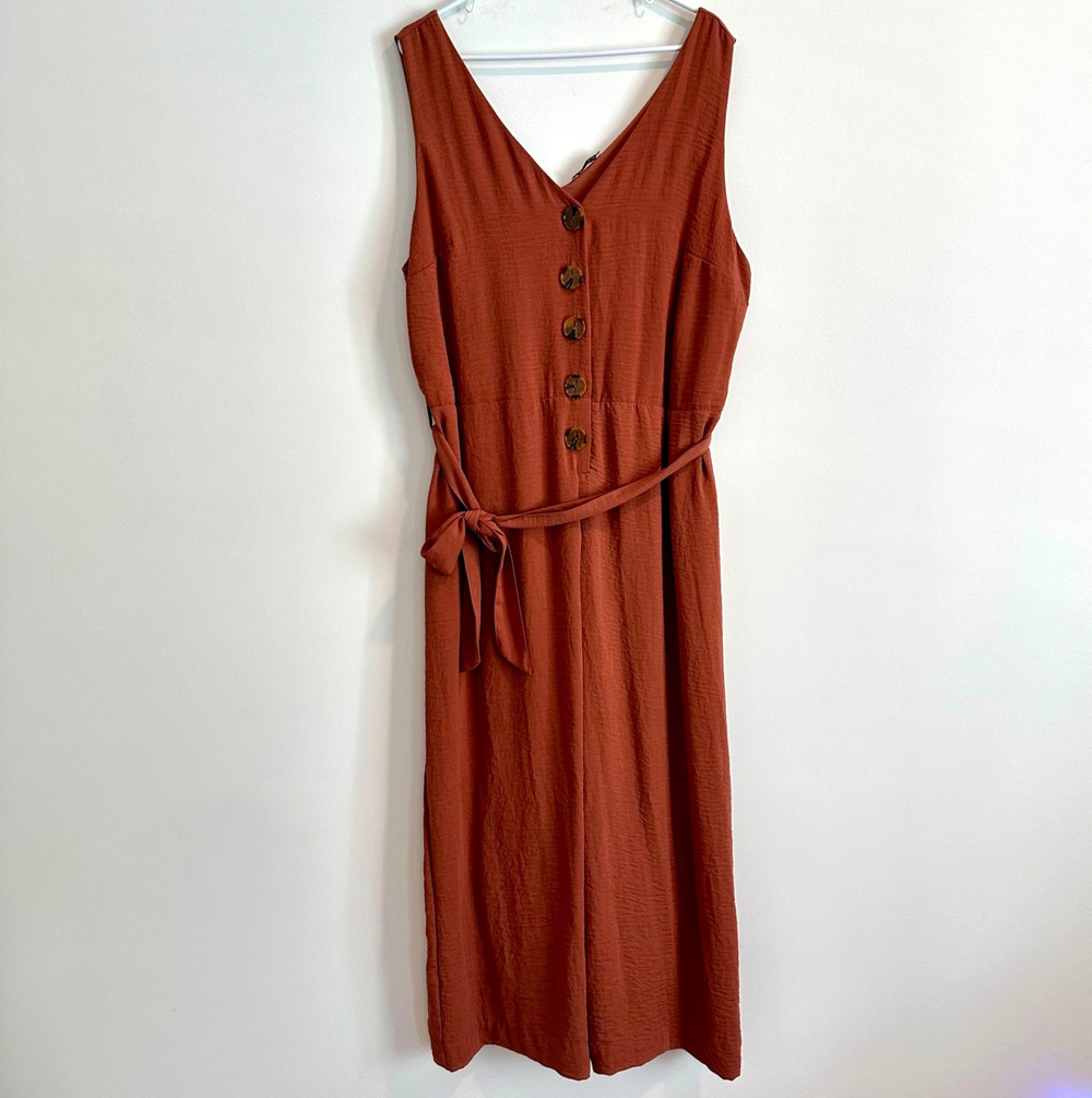 DEX Button Down Sleeveless Wide Leg Jumpsuit Women's 2X Rust Brown V-Neck Belted